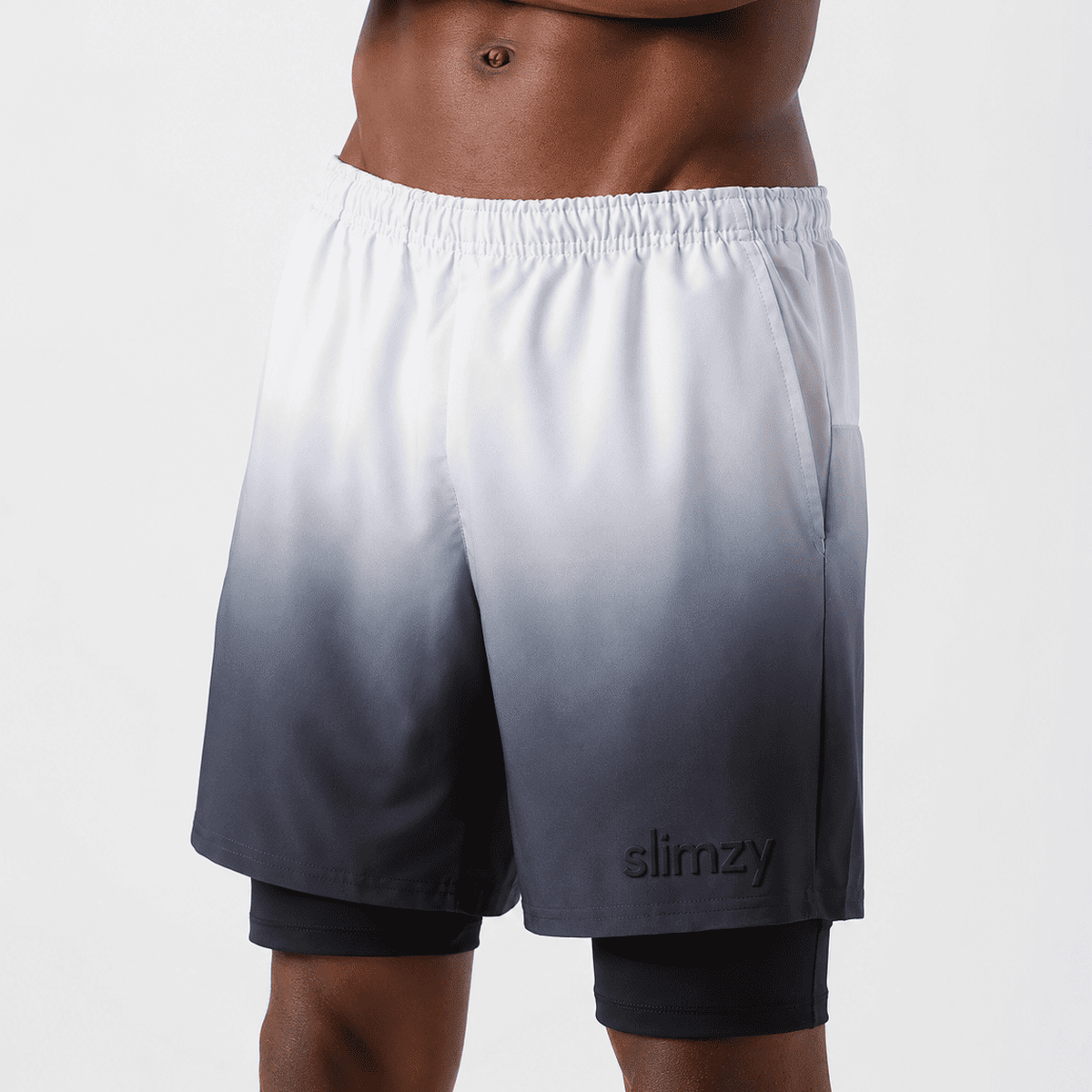 Slimzy Men's 2-In-1 Gradient Performance Shorts – Gray And White