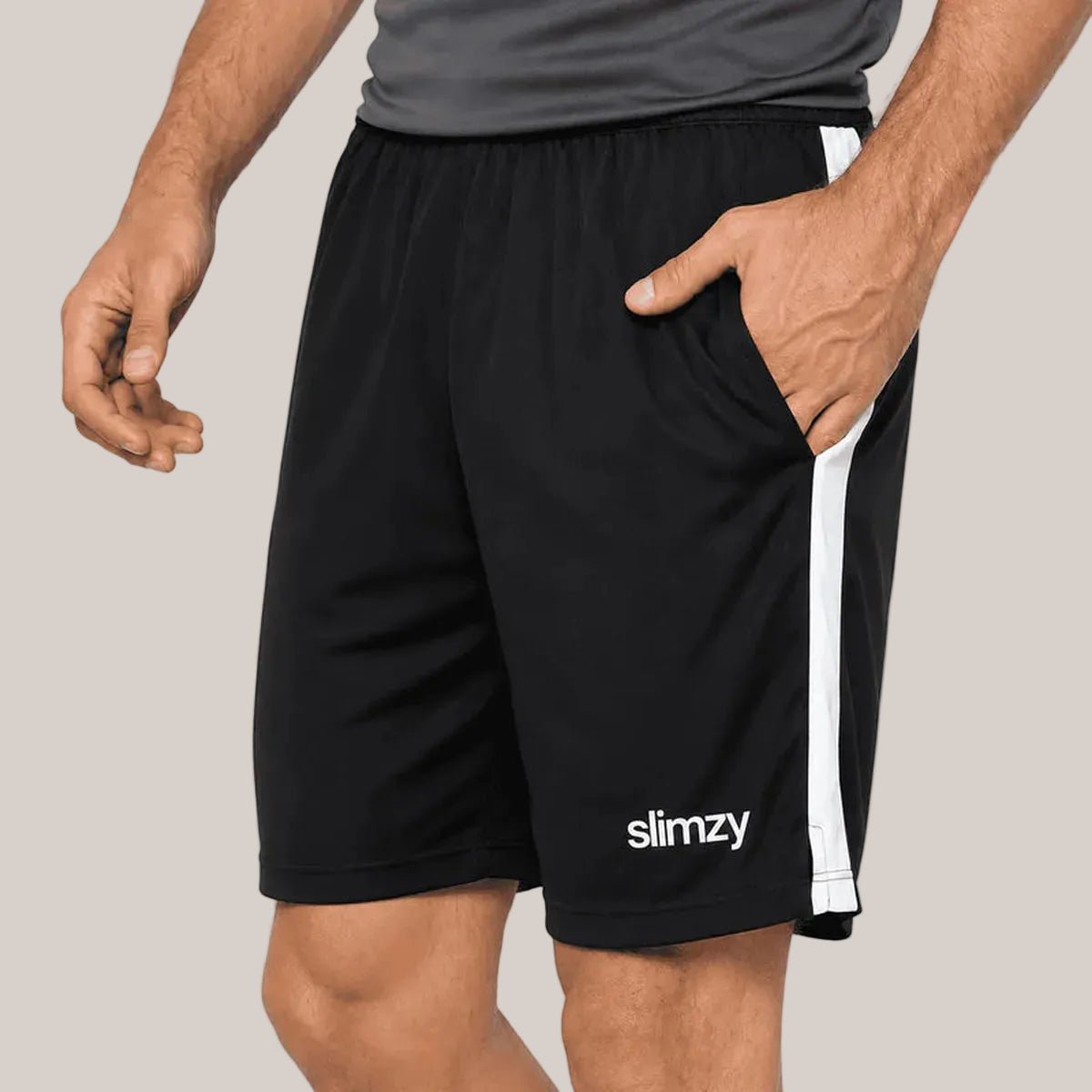 Black Slimzy men's performance shorts with side stripes, designed for athletic activity and comfort.