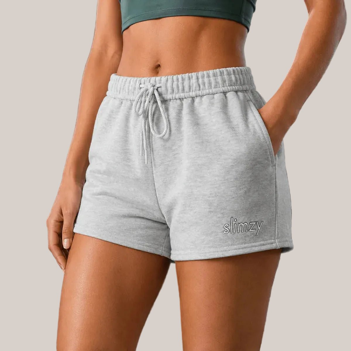 Gray Slimzy women's cozy fleece drawstring shorts with a relaxed fit, comfortable waistband, perfect for casual wear.