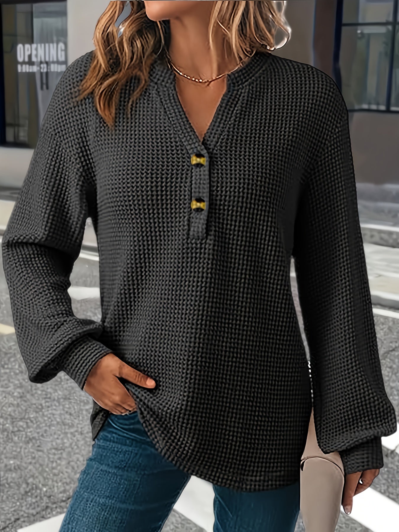 Natasha | Women's Waffle-Knit Henley Top — product image 2