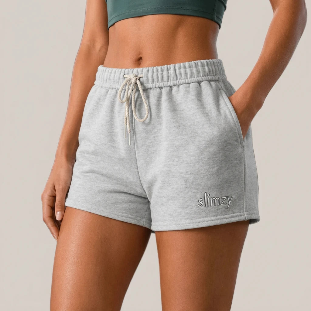 Gray Slimzy women's cozy fleece drawstring shorts with a relaxed fit, perfect for casual and active wear.