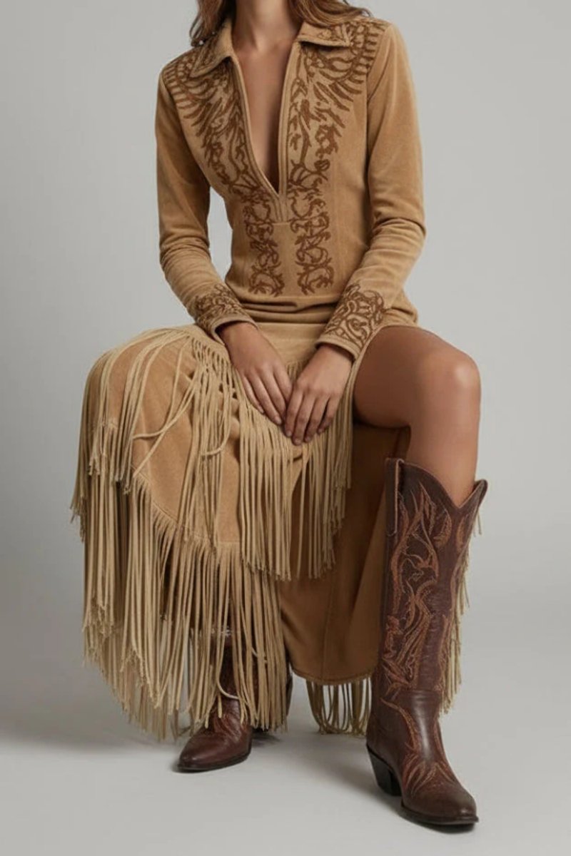Slimzy Women's Embroidered Fringe Long-Sleeve Maxi Dress – product image 3 of 5