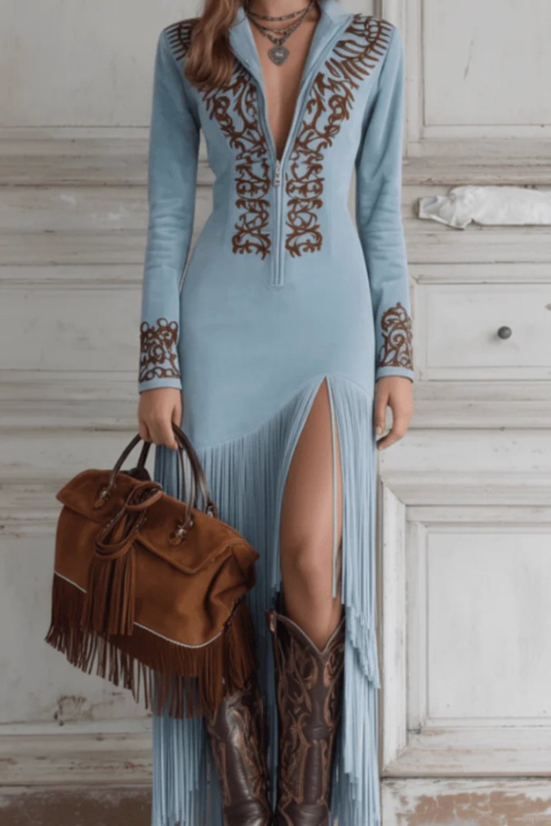 Slimzy Women's Embroidered Fringe Long-Sleeve Maxi Dress – product image 5 of 5