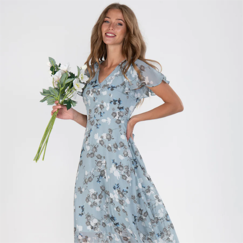 Slimzy Women's Floral V-Neck Flutter-Sleeve Midi Dress – product image 7 of 12