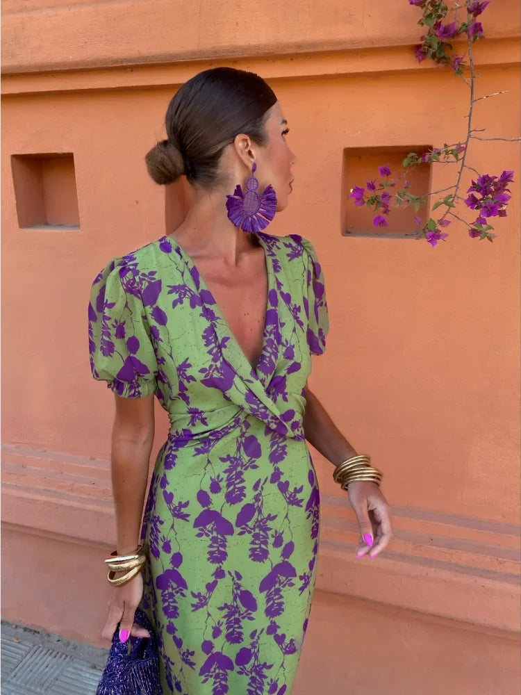 Slimzy Women's Floral V-Neck Puff-Sleeve Midi Dress – product image 1 of 6