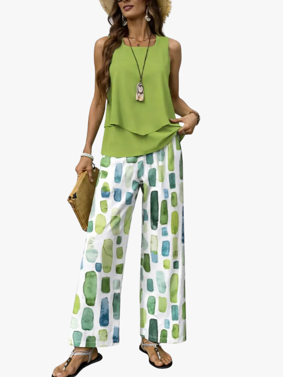Slimzy Women's Sleeveless Top & Printed Wide-Leg Trouser Set – product image 1 of 6