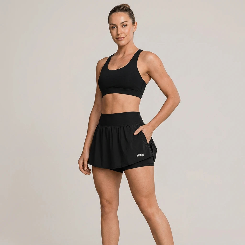 Black Slimzy women's high-waisted sport casual skirt shorts, close-up view showing the comfortable fabric and stylish design.