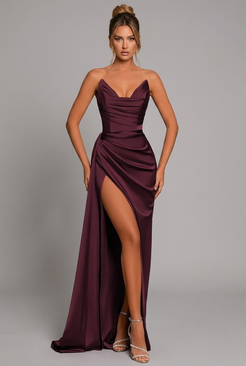 Slimzy Women's Strapless Ruched High-Slit Maxi Dress – product image 1 of 7