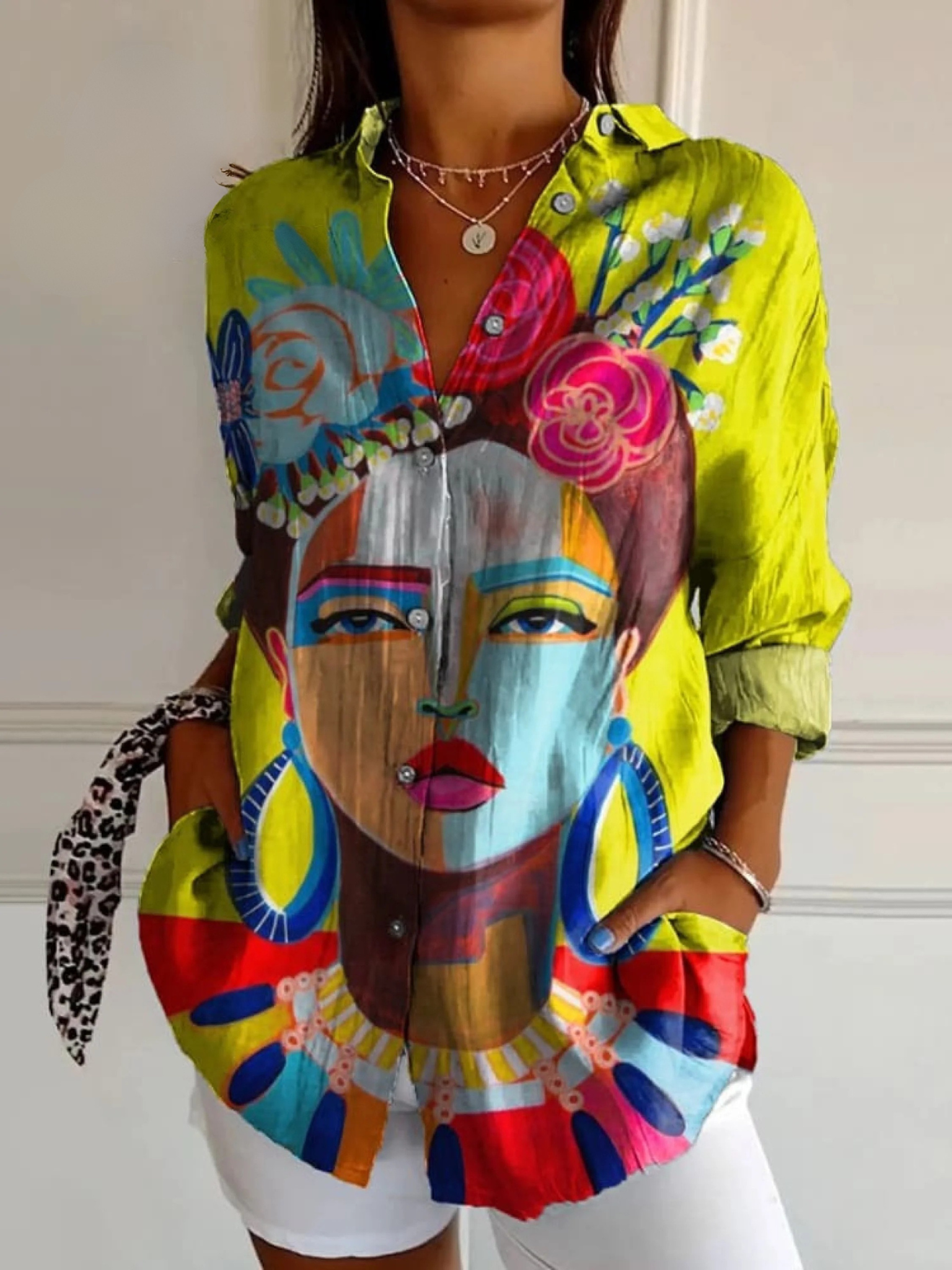 Nyla | Women's Portrait-Print Button-Up Shirt