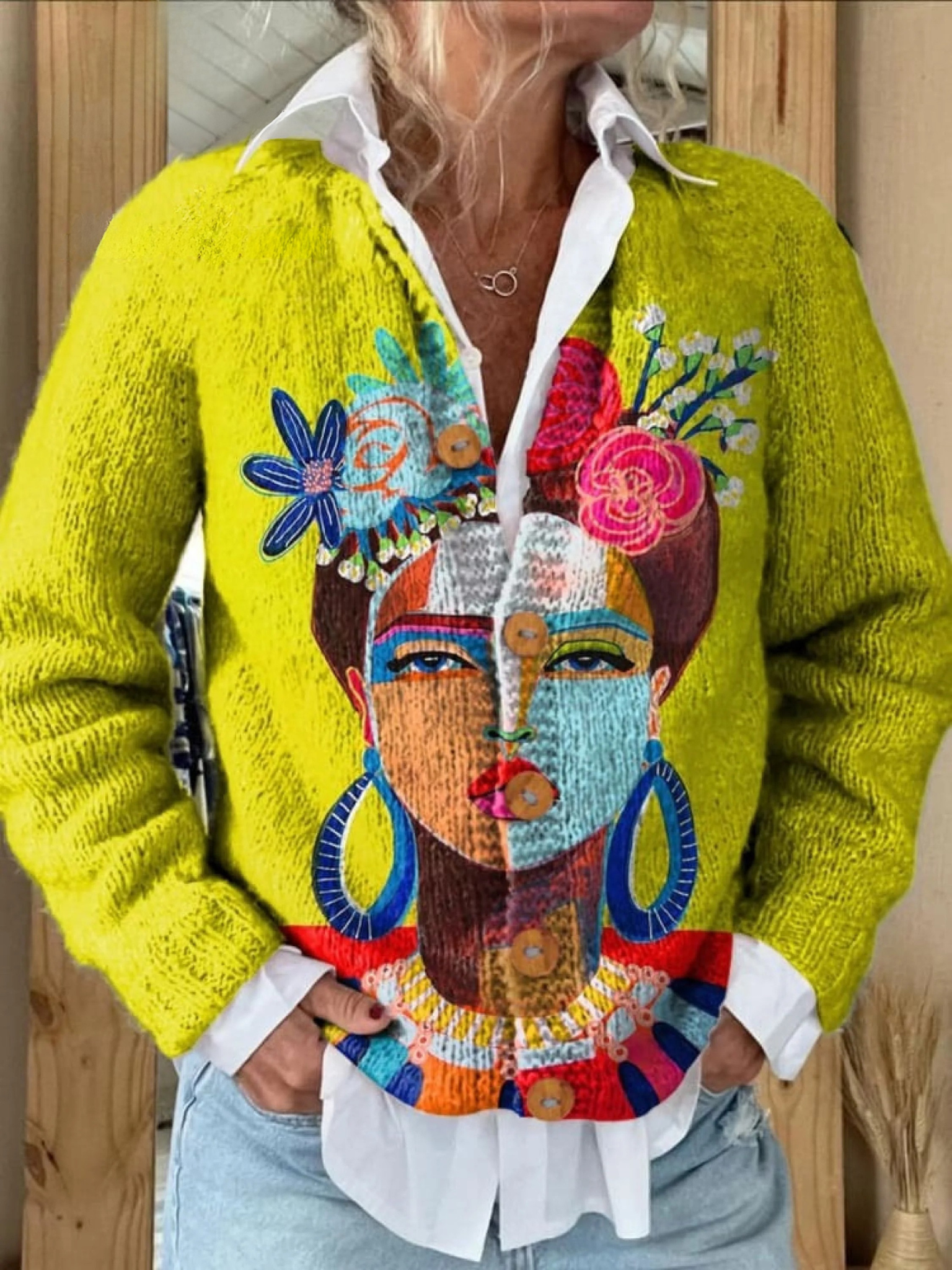 Nyla | Women's Portrait-Print Button-Up Shirt