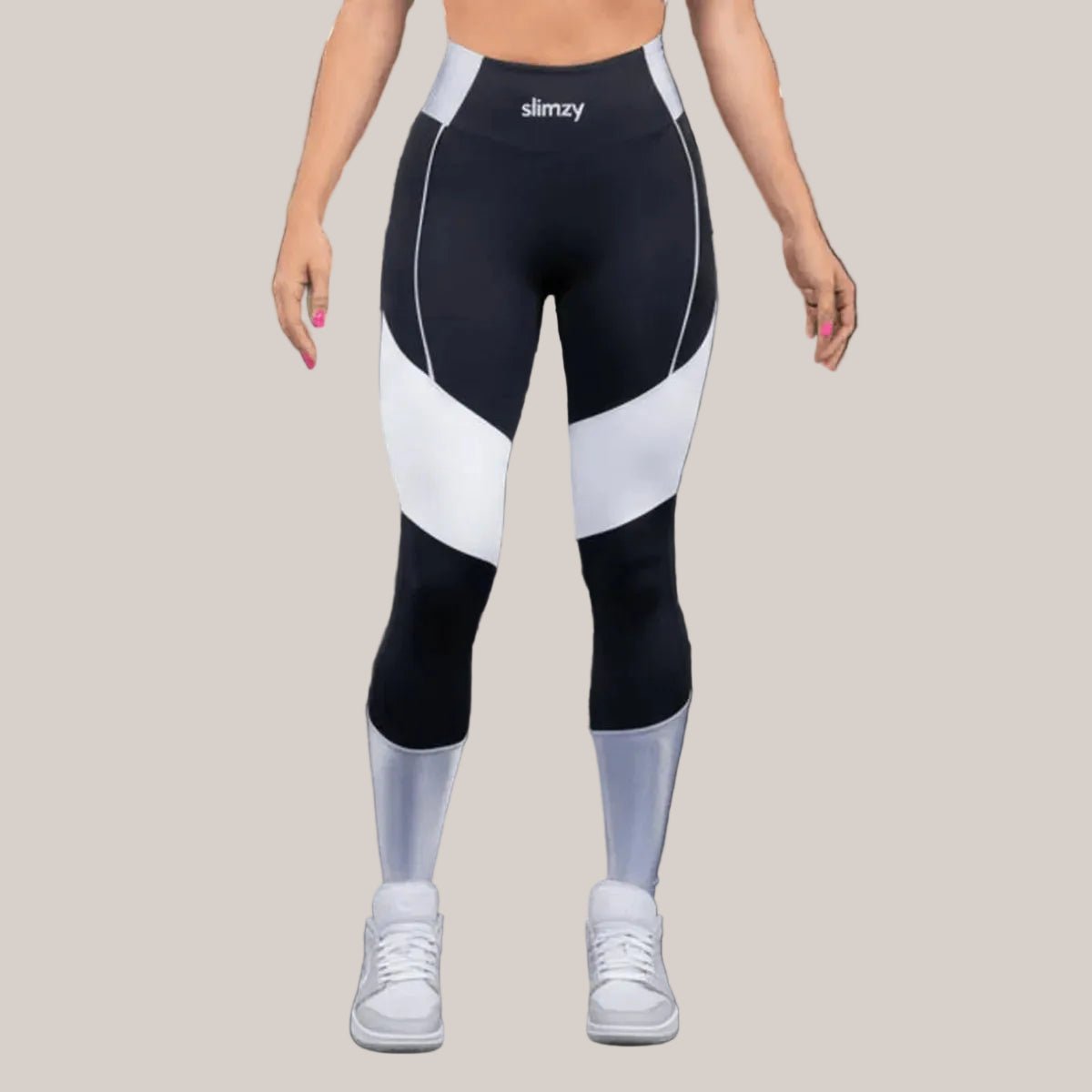 Slimzy women's geometric tricolor leggings in black, white, and gray with a stylish, slim-fit design.