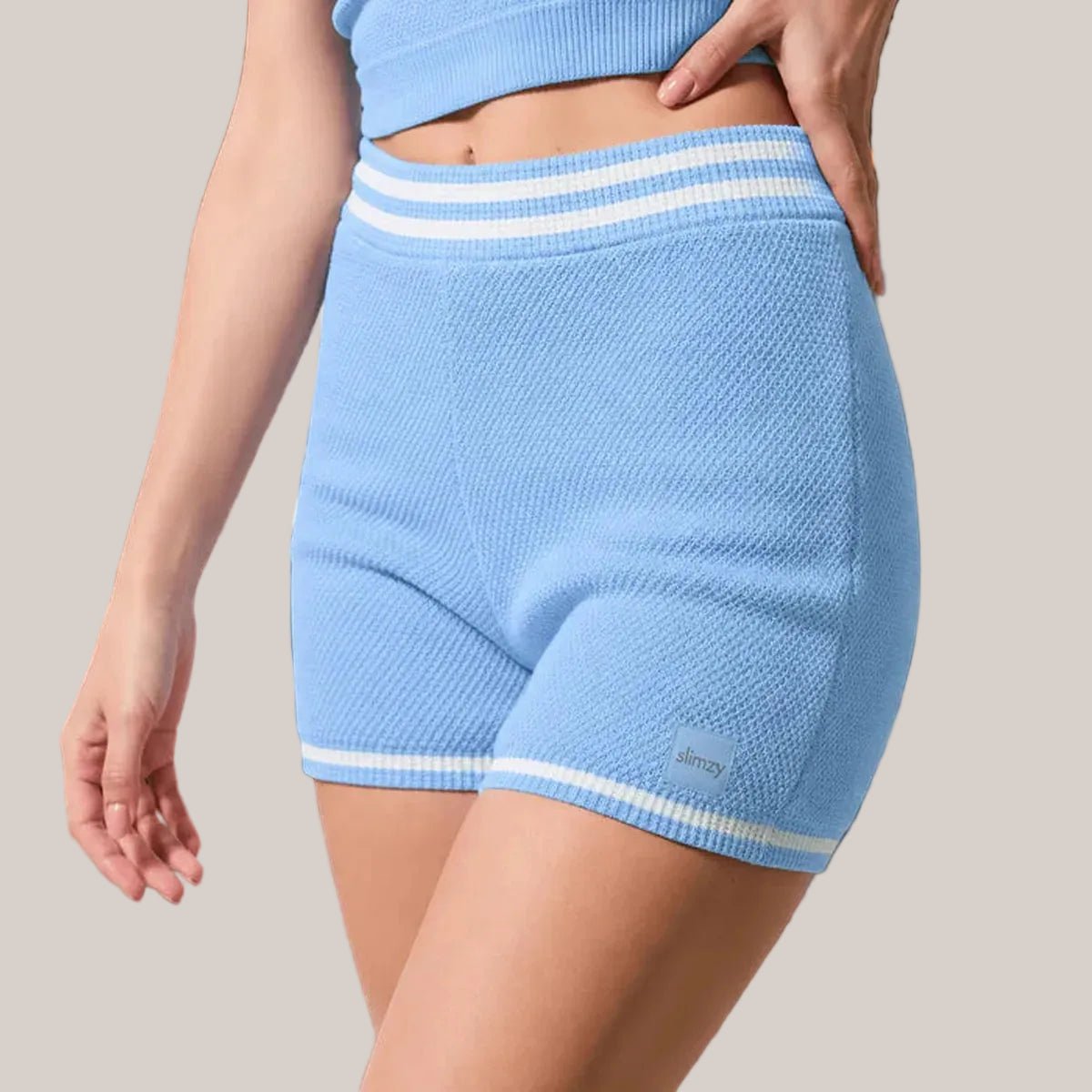 Slimzy women's textured high-waisted cyan shorts, casual style, shown with front view and waistband details.