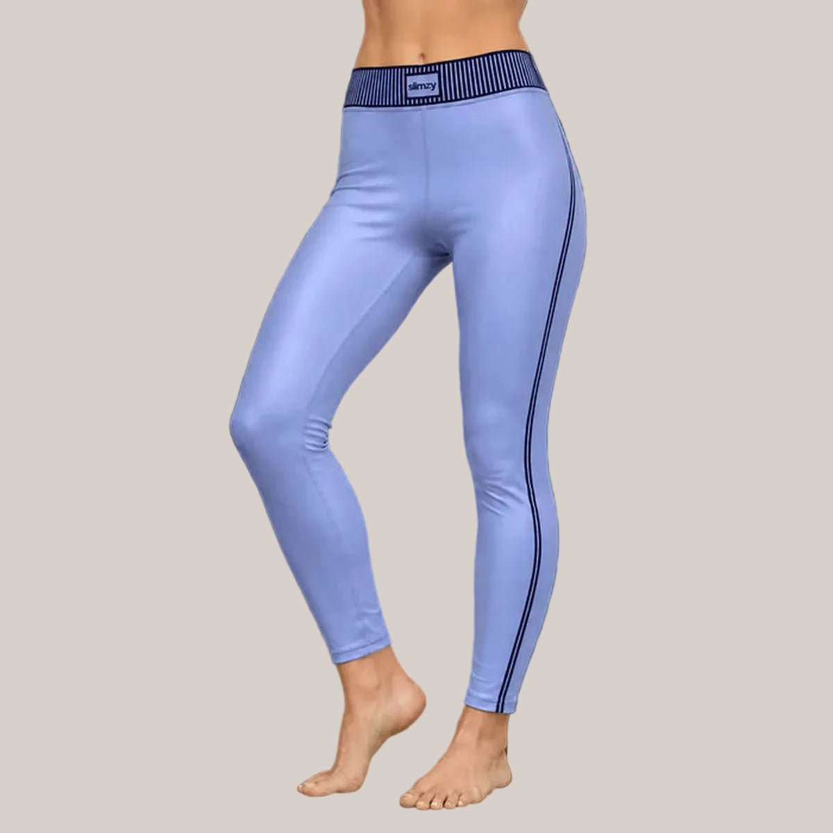 Slimzy women's satin finish striped waistband leggings in serenity blue, featuring a comfortable fit and stylish design.