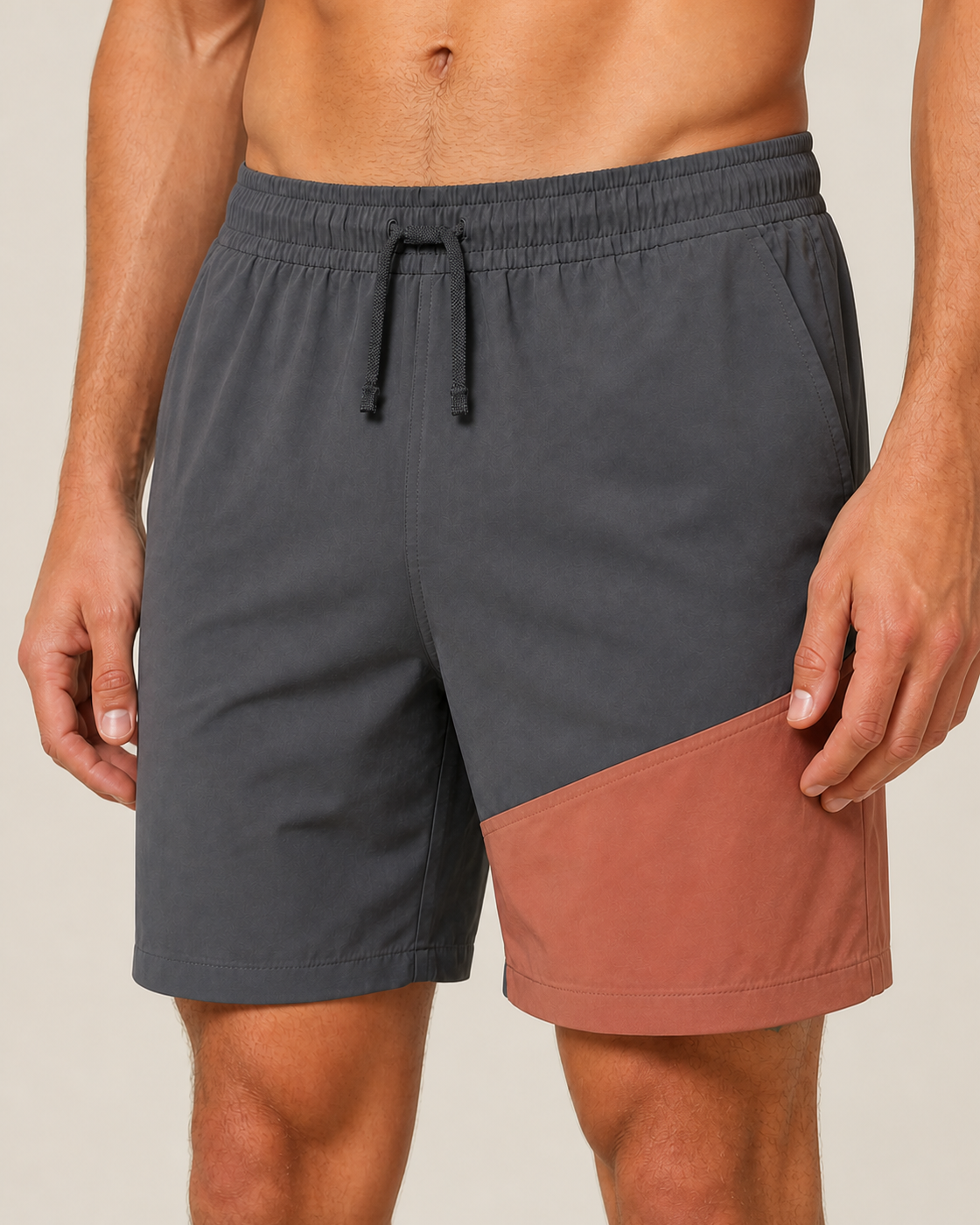 Men's Offset Panel Shorts — Graphite / Clay — construction detail