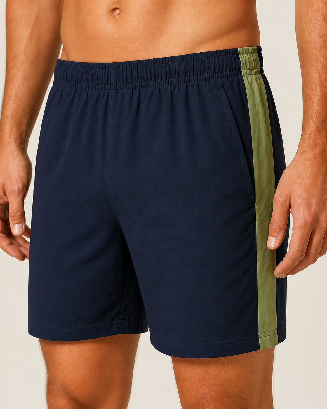 Men's Splitline Shorts — Navy / Sage — construction detail