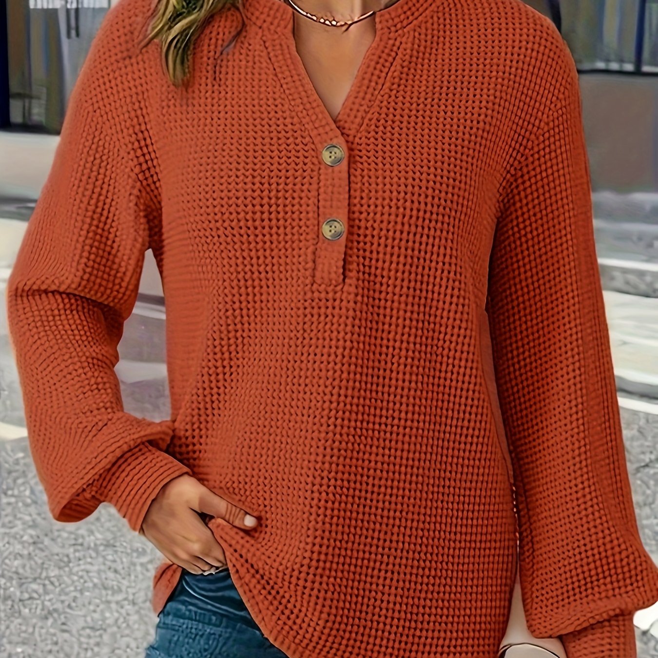 Natasha | Women's Waffle-Knit Henley Top — product image 15