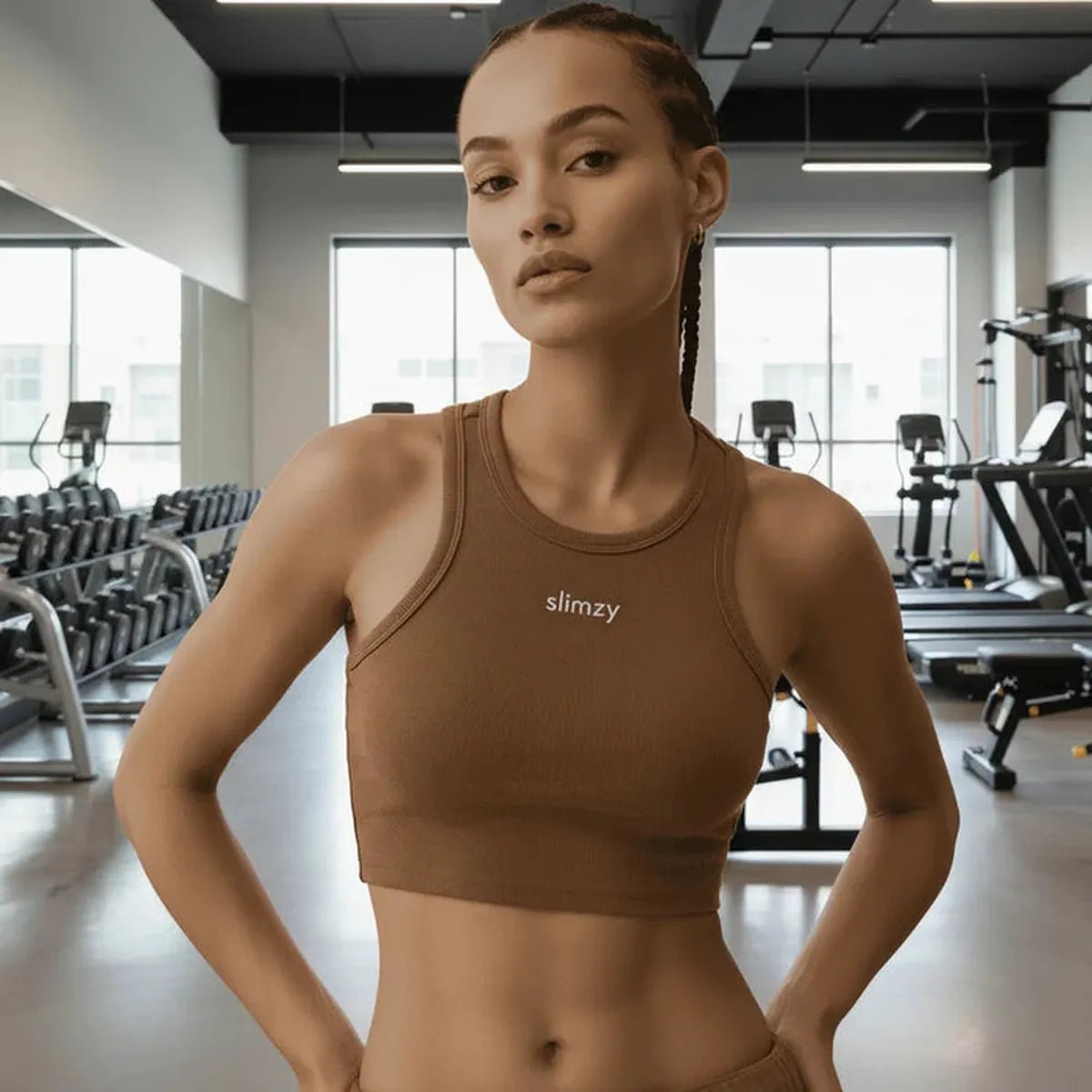 Slimzy women's ribbed cropped sports T-shirt in brown, showcasing a fitted design and flattering crew neck style.