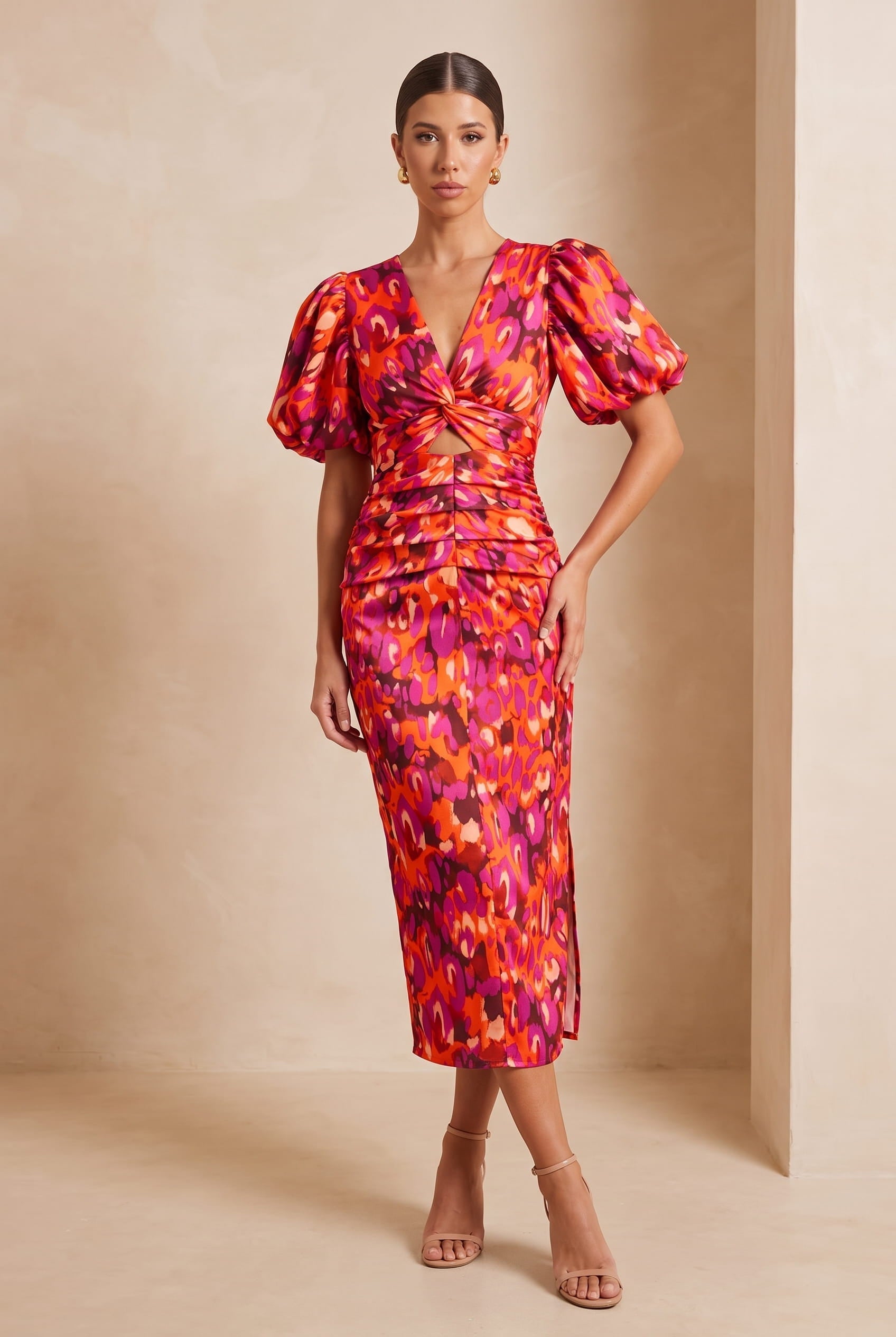 Slimzy Women's Abstract-Print Puff-Sleeve Midi Dress – product image 1 of 9