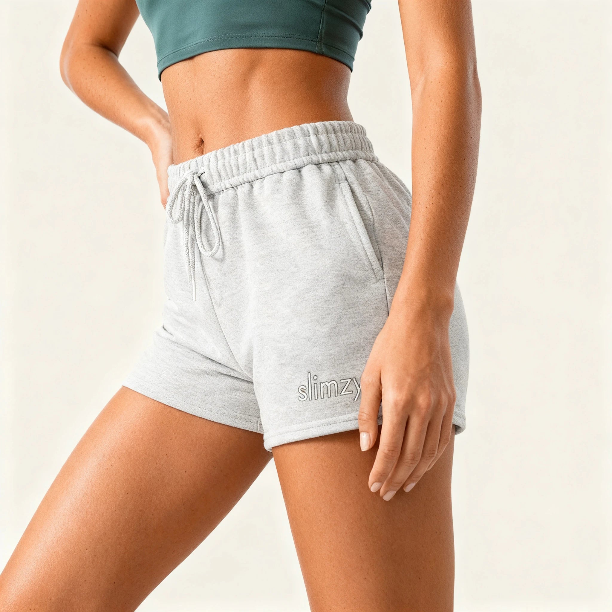 Gray Slimzy women's cozy fleece drawstring shorts, casual activewear with comfortable elastic waistband and relaxed fit.