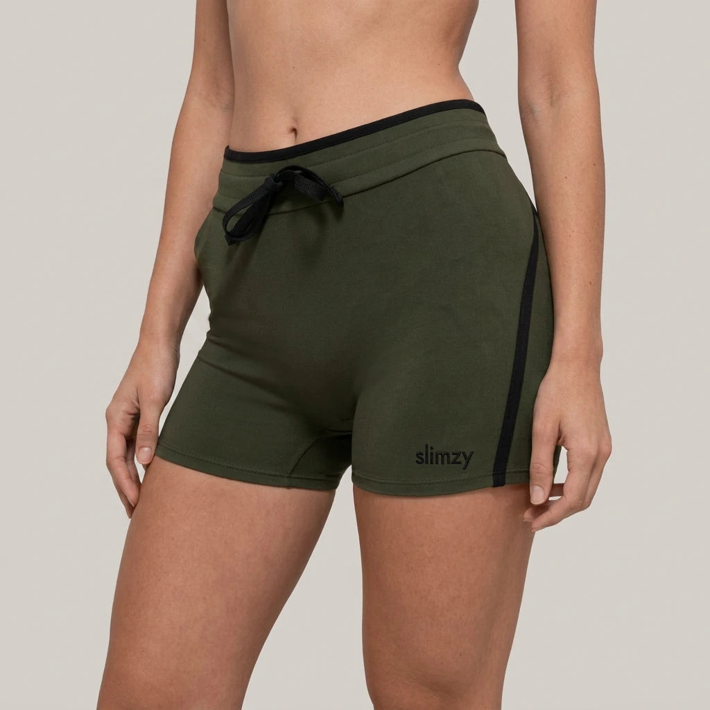 Slimzy women's dark green drawstring fitness shorts with breathable fabric and athletic fit for activewear performance.