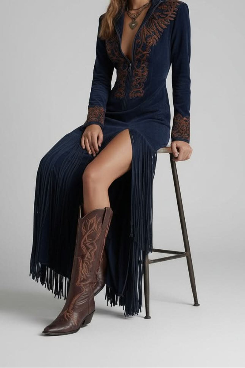 Slimzy Women's Embroidered Fringe Long-Sleeve Maxi Dress – product image 1 of 5