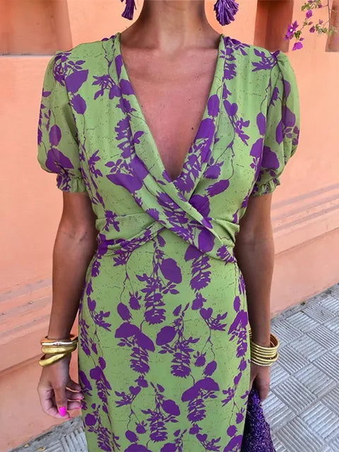 Slimzy Women's Floral V-Neck Puff-Sleeve Midi Dress – product image 2 of 6