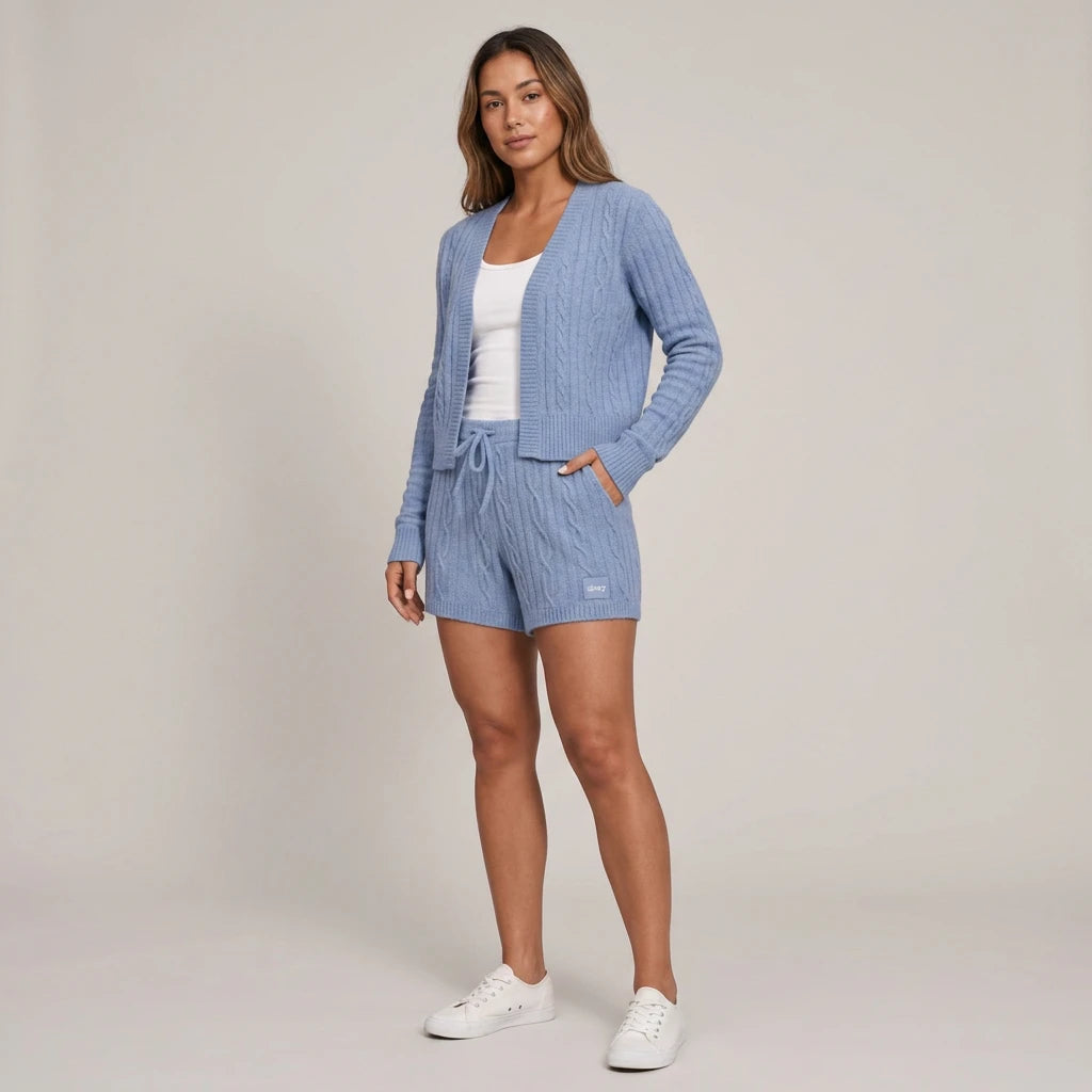 Light blue Slimzy women's short knit comfort shorts, casual activewear with a relaxed fit and soft fabric for everyday wear.