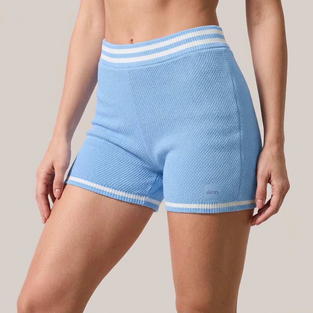 Light blue Slimzy women's textured high-waisted casual shorts, stylish activewear with a comfortable fit and high-rise design.